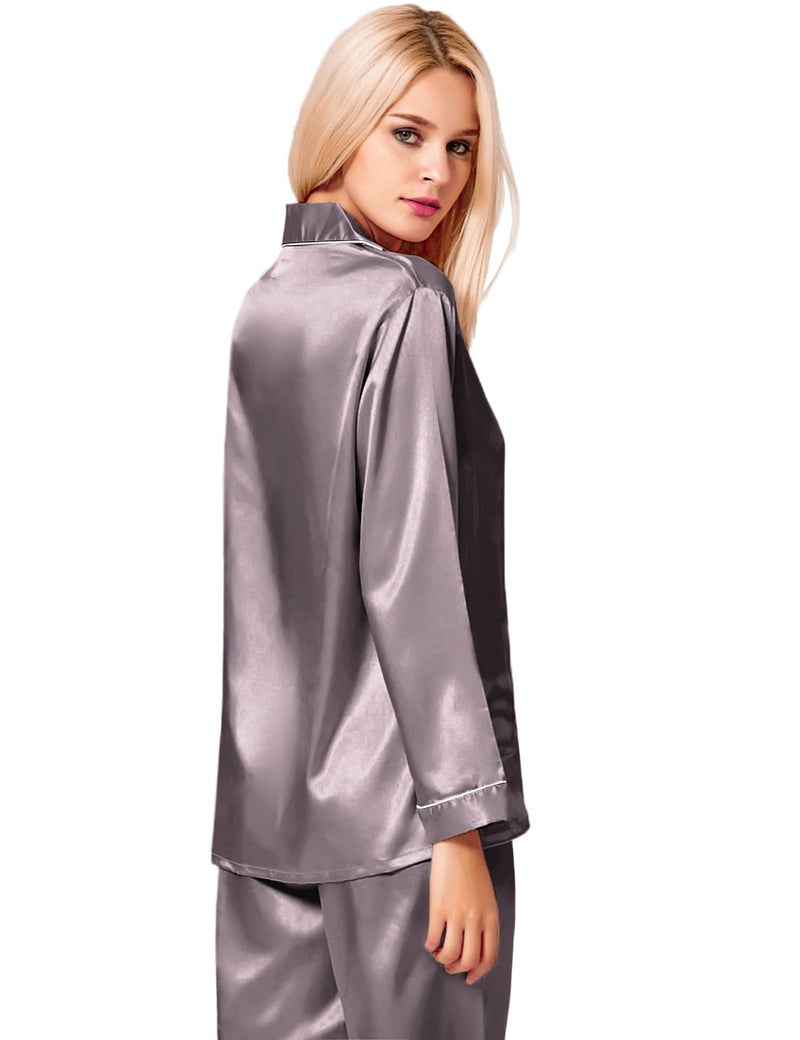 SWOMOG Womens Silk Satin Pajamas Long Sleeve Loungewear Two-Piece Sleepwear Button-Down Pj Set - Image 5